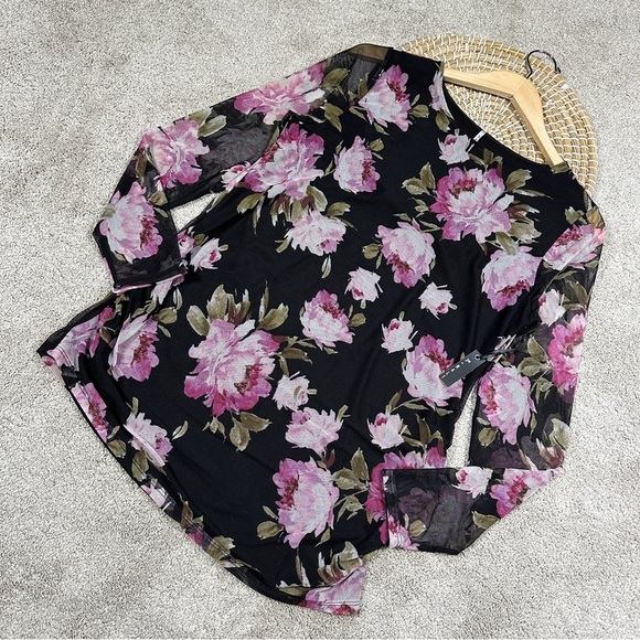 3rd + Malt Tops - NWT 3rd + Malt Sheer Mesh Floral Top Longsleeve Ruched Side Dark Romantic Size L